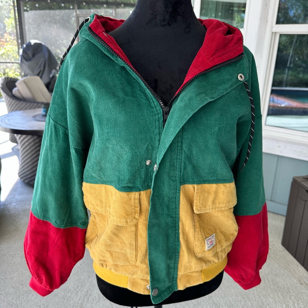 Zaful corduroy bright red, yellow, green hooded jacket Size Small Fall must have